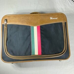 Vintage Monarch Suitcase Black Tan Stripe‎ Damask Lined Retro Luggage Carry On